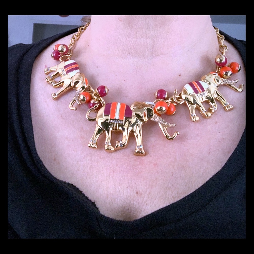 C. Wonder Elephant Stampede Statement Bib Necklace Orange Red Gold